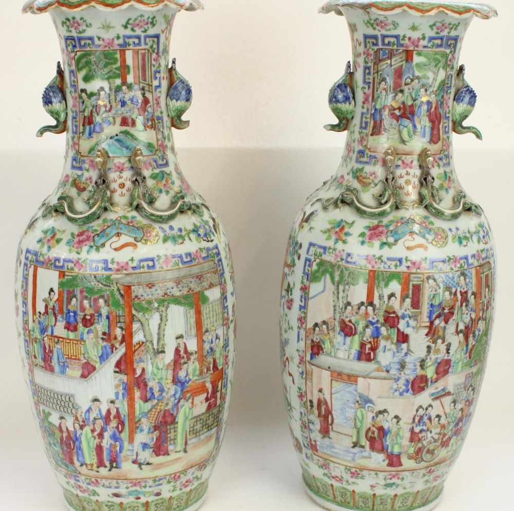 Pair of large C19th Chinese Canton Famille Rose porcelain vases, profusely decorated in polychrome