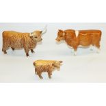 Beswick Highland Cow model 1730, with calf model 1827D, and a Beswick Guernsey bull CH Sabrina's Sir