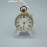 Swiss, late c19th 14ct gold cased ladies fob watch, enamel Roman dial in bright cut case with snap