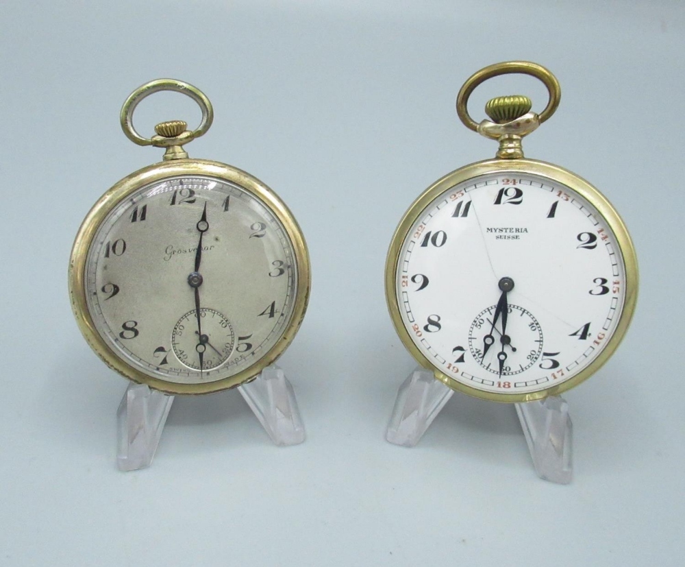 Grosvenor 1930s rolled gold open face keyless wound and set pocket watch, with silvered engine