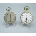 Grosvenor 1930s rolled gold open face keyless wound and set pocket watch, with silvered engine