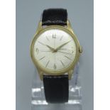 Benrus hand wound gold plated wristwatch with signed silvered linen effect sector dial with