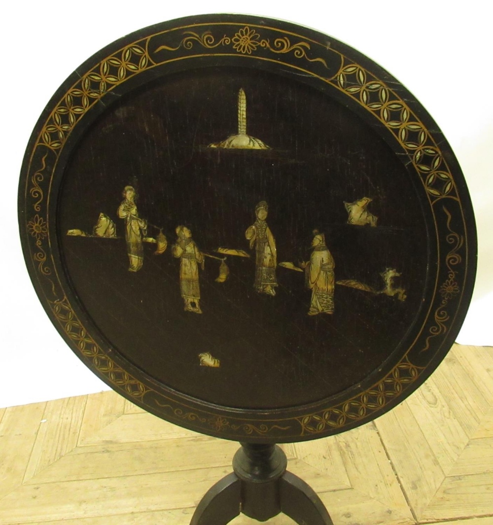 C20th Japanese ebonised snap top tripod table, with mother of pearl inlay and painted gilt - Image 2 of 3