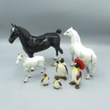 Beswick CH Black Magic horse, H20cm (back legs A/F), two other Beswick horses, four Beswick penguins