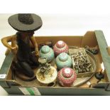 Four Chinese ginger jars with lids, a African carving of a man with hat, metal part chess set,