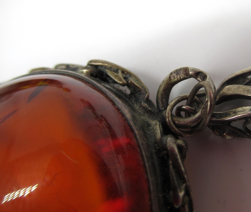 Sterling silver pendant set with amber, stamped 925, on white metal chain with leaf and fruit - Image 2 of 3