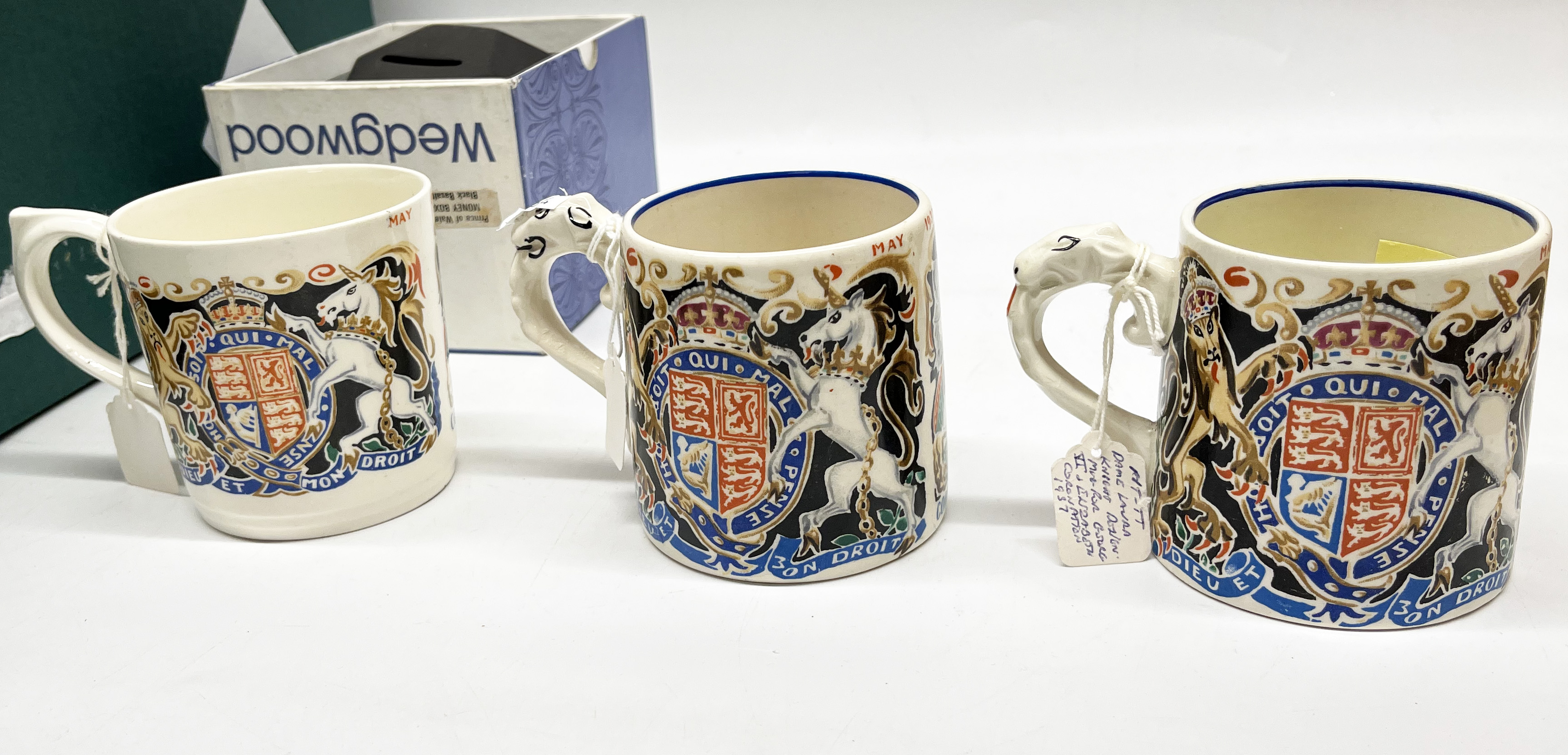 Laura Knight coronation mugs, H8cm (3), Wedgwood black basalt... - Image 2 of 3