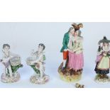 Early C19th Derby porcelain figure of a girl in green hat, English porcelain figurine of lovers