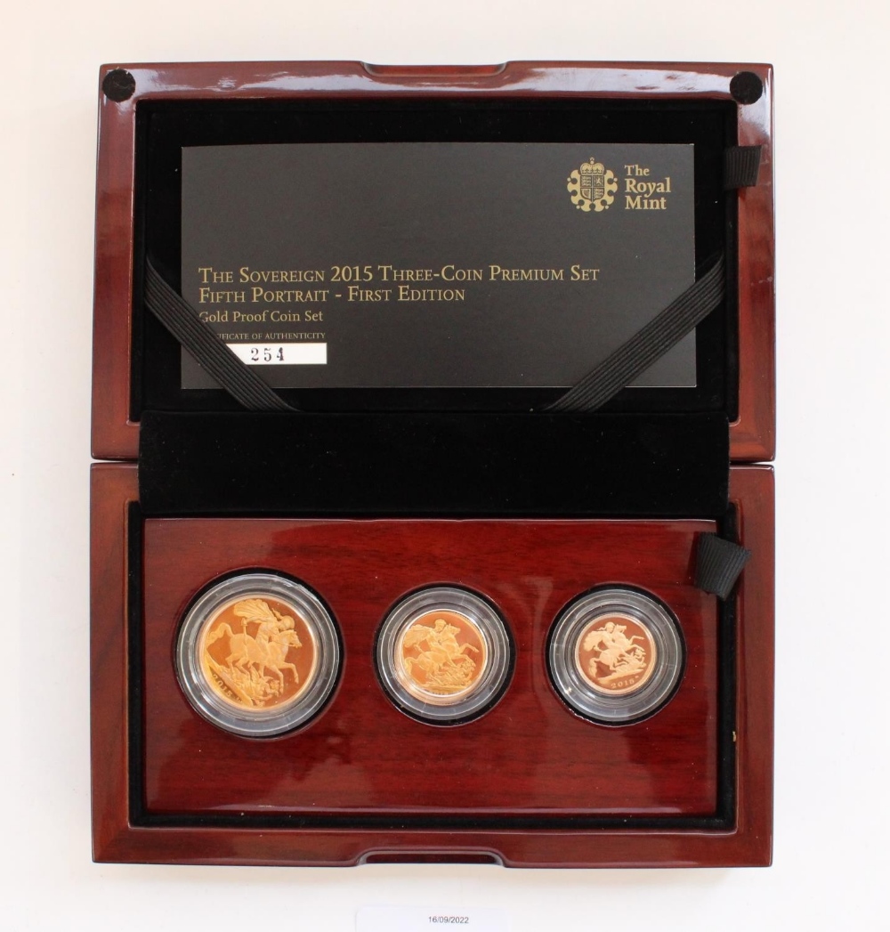 The Sovereign 2015 Three Coin Gold Proof Premium Set, Fifth Portrait First Edition. Encapsulated