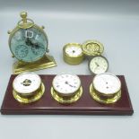 C20th brass cased quartz ball desk clock set with multiple time zones, 8 day brass cased ball clock,