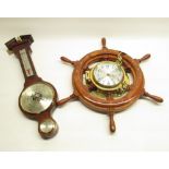 C20th quartz ships clock in the form of a ships wheel, Diameter 37cm and a Comitti of London