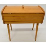 Vintage beech folding top sewing box with removeable tapered legs and extra tray