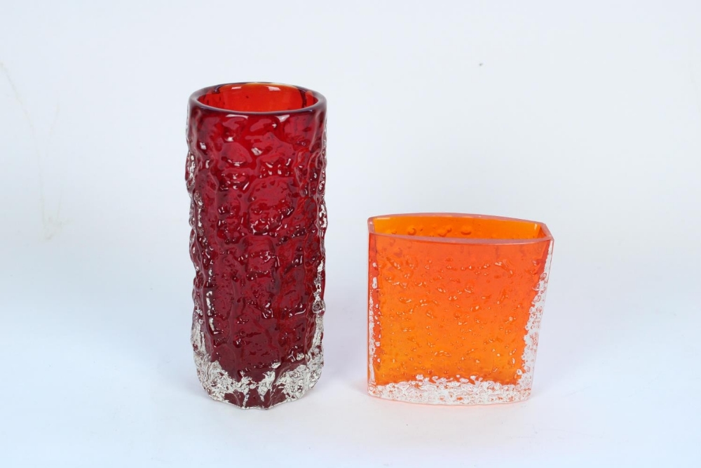 1960s Geoffrey Baxter design Whitefriars Bark textured glass vase in Ruby colourway, and a