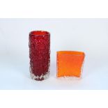 1960s Geoffrey Baxter design Whitefriars Bark textured glass vase in Ruby colourway, and a