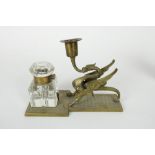 C19th brass inkstand inkwell with griffon candlestick, treen acorn thimble holder, Mauchline