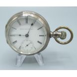 Elgin sterling cased open faced keyless wound and set pocket watch, signed white Roman enamel