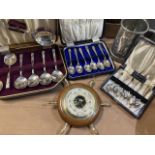 Three cased sets of silver plated cutlery, tankard and Shortland Smiths barometer