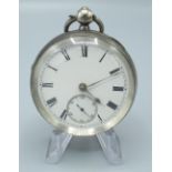 Victorian silver open face keyless wound and set pocket watch, white enamel Roman dial with