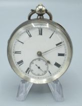 Victorian silver open face keyless wound and set pocket watch, white enamel Roman dial with