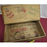 Stained pine table box with hinged top made from packing crates, advertising details for Teacher's