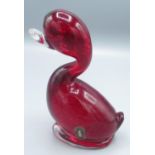 Whitefrairs red Art glass duck, H13cm