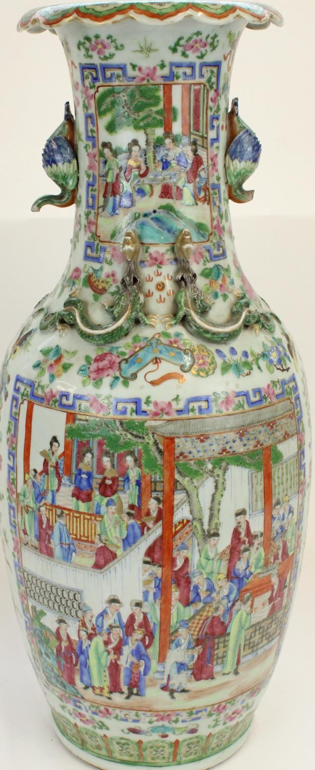Pair of large C19th Chinese Canton Famille Rose porcelain vases, profusely decorated in polychrome - Image 2 of 6