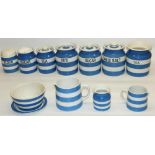 T.G. Green blue and white striped Cornishware ceramics, including table salt, sugar, rice, tea