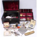 Jewellery box containing a collection of costume jewellery and other items including necklaces,