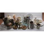 Collection of pottery glassware and metal ware including studio pottery and pewter tankards (2
