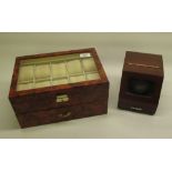 Burr walnut finish watch display cabinet for 10 watches with single frieze drawer for another 10