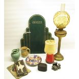 Green Gucci board, brass oil lamp with glass shade and flume, Birmingham Municipal Bank money box,