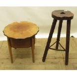 C20th rustic carved pine stool on three splay legs joined by iron under stretcher and a 1950s walnut