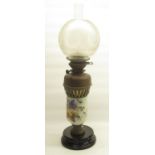 Late 19th century oil lamp with globular glass shade, cylindrical body hand painted with floral