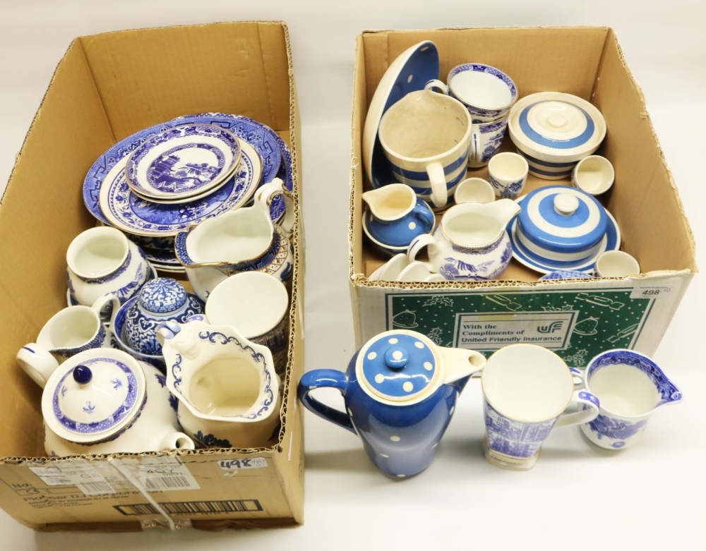 Blue and white ceramics including Sandygate Pottery polka dot coffee pot, Booths Real Old Willow