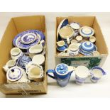 Blue and white ceramics including Sandygate Pottery polka dot coffee pot, Booths Real Old Willow