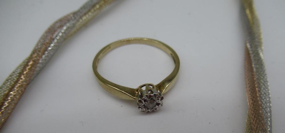 9ct yellow gold illusion set diamond solitaire ring, stamped 375, size Q, a 9ct gold multi tone - Image 2 of 3