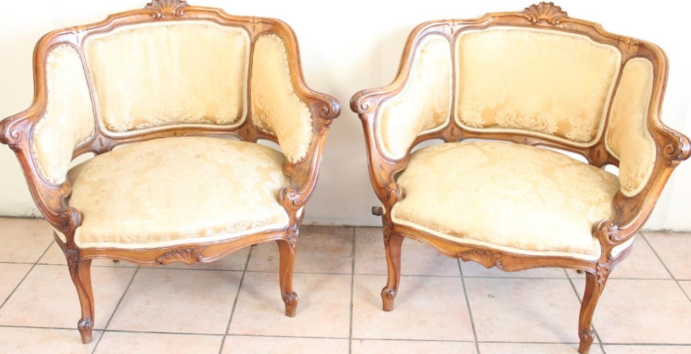 Late C19th Louis XV style walnut salon suite comprising two seater canape with scrolled frame and - Image 6 of 8