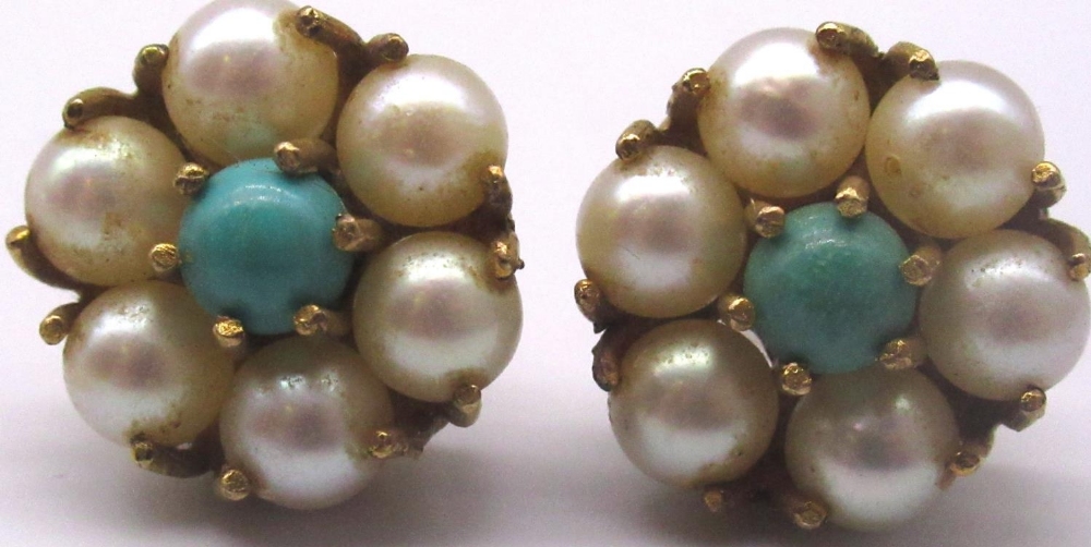 9ct yellow gold cluster earrings set with turquoise and pearls, stamped 9ct, a 9ct yellow gold - Image 2 of 5