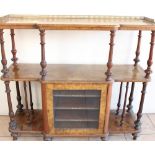 C19th burr walnut three tier what-not music cabinet, on slender fluted supports, inlaid baroque