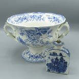 C19th Staffordshire pedestal tureen with scroll handles, blue and white floral decoration, D25cm,