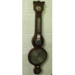 C19th flame mahogany wheel barometer, boxwood stringing, with dry damp indicator, thermometer box,