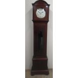 C20th inlaid mahogany long case clock, arched top inlaid circular glazed panel door opening to