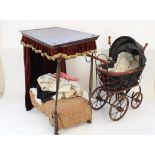 C20th dolls four poster bed in the manner of Heals, H59cm, a later dolls pram and vintage dolls