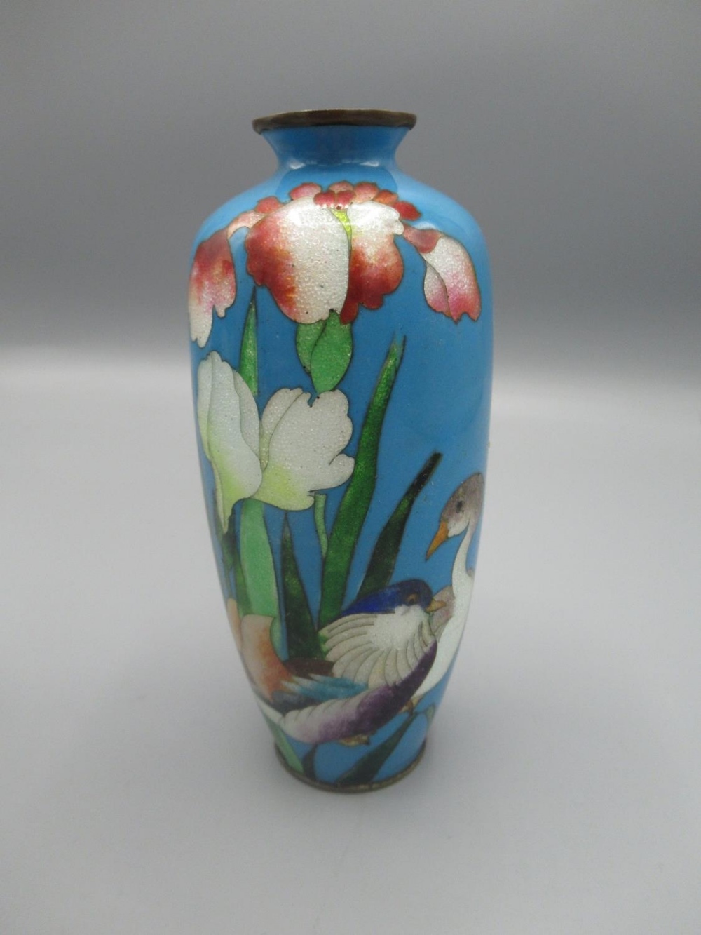 Pair of C20th Cloisonné ware vases, turquoise blue ground decorated with exotic flowers and birds - Image 3 of 3
