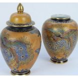 Pair of C1930 Carlton Ware pottery vases in the 'Chinese Bird and Cloud' pattern, H17cm (one missing