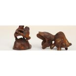 Japanese Meiji period boxwood Netsuke figure of two frogs, H4.5cm and a fish Netsuke