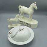 Shelly lidded muffin dish with integrated hot water warmer, D18cm, two Beswick type White Horse