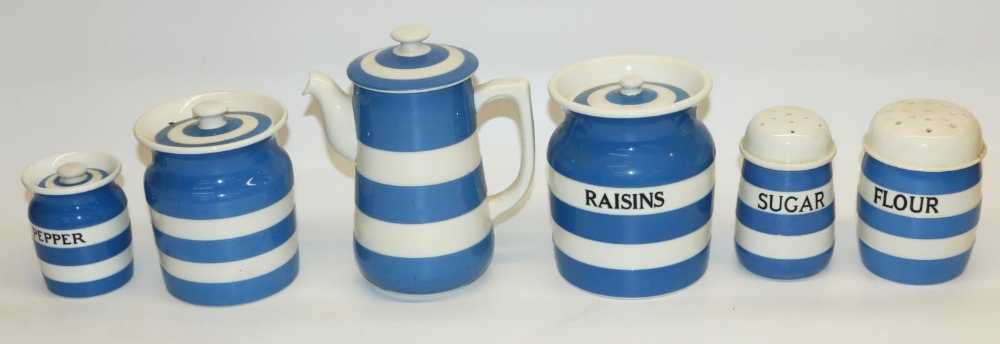 T.G. Green blue and white striped Cornishware ceramics comprising coffee pot, H19cm, raisins storage