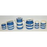 T.G. Green blue and white striped Cornishware ceramics comprising coffee pot, H19cm, raisins storage