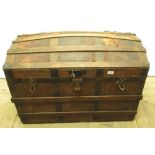 C19th dome topped metal bound trunk, with lift out tray, W93cm D53.5cm H60cm
